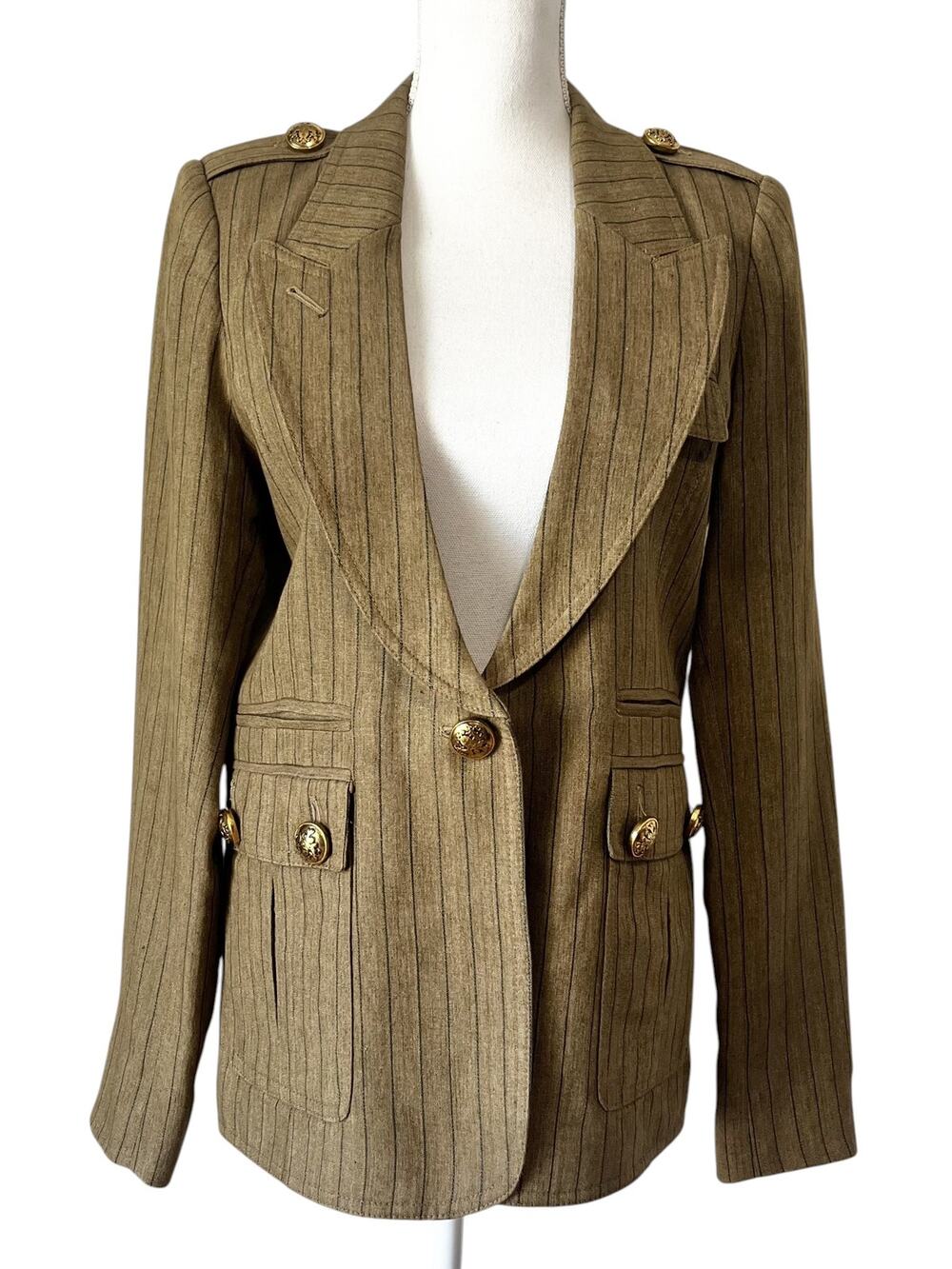 Smythe Peaked Lapel Blazer Cargo Pocket Burlap Pinstripe Linen Size 12